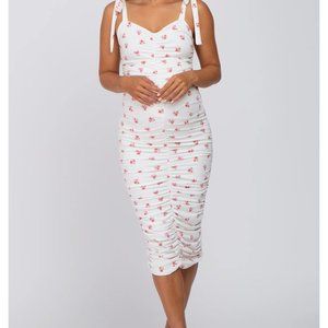 Ivory Floral Sleeveless Ruched Maternity Midi Dress